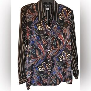 Vintage 100% Silk old money Black career  blouse Paisley Button-Up Shirt Large